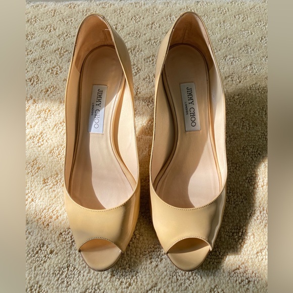 Jimmy Choo Isabel Nude Patent Leather Peep-Toe Pumps